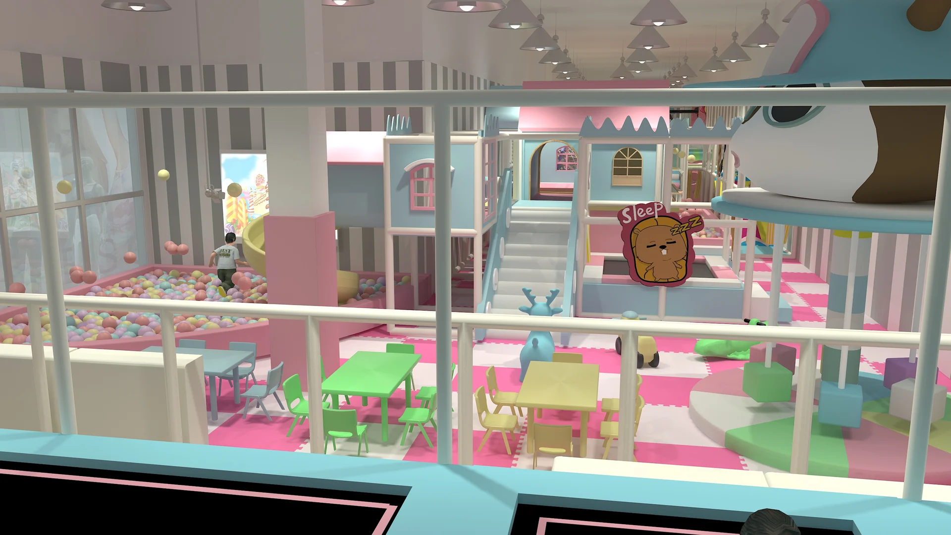 Pastel indoor playground concept with multi-level play routes and padded structures