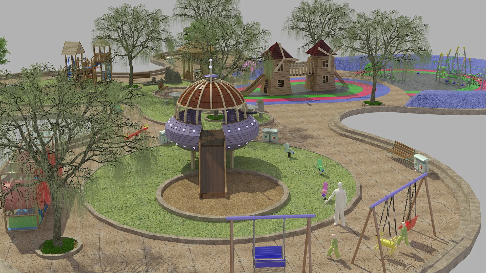 Landscaped outdoor playground concept with treehouse towers and paths