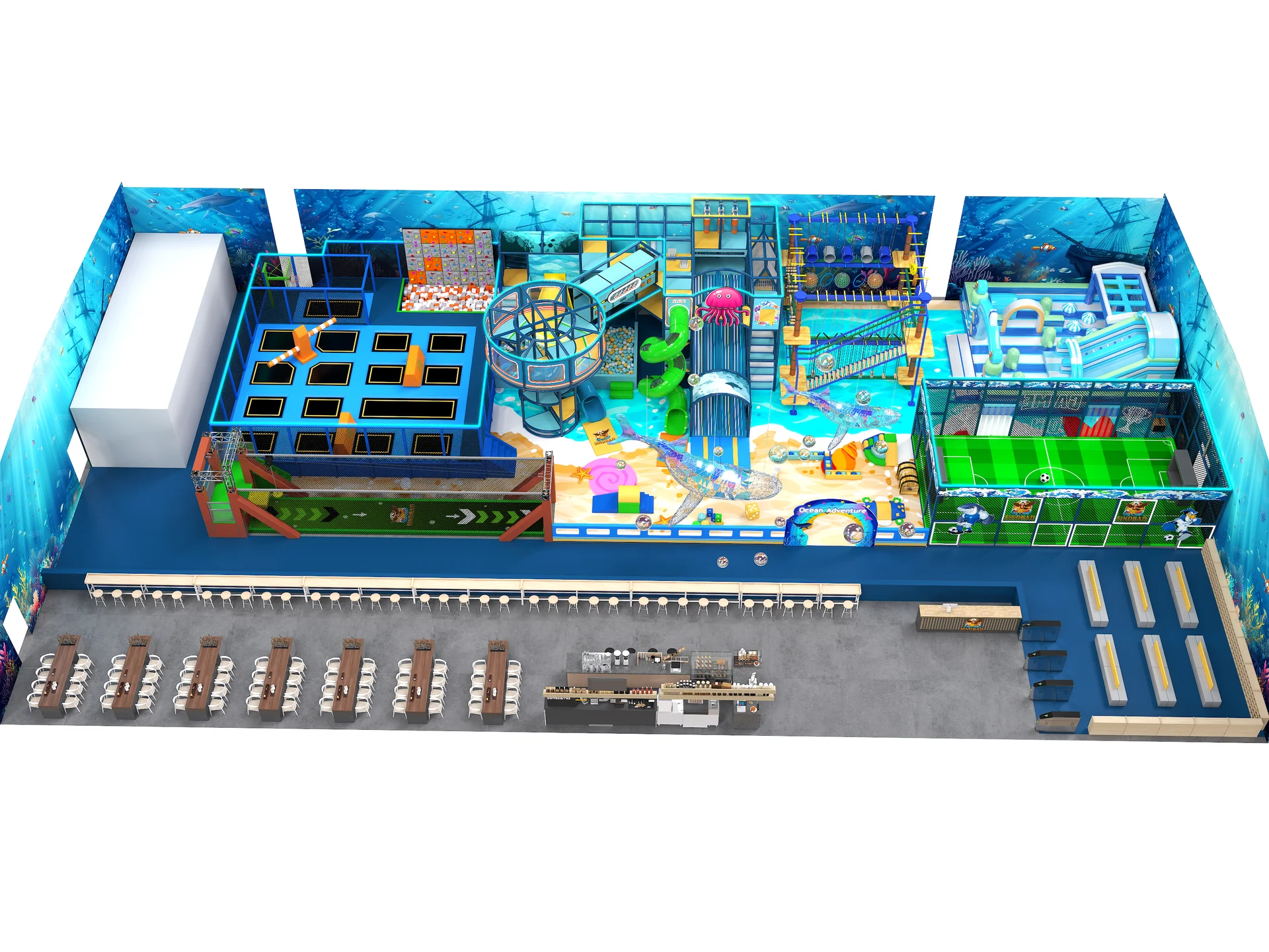 Ocean-themed family entertainment center design with trampolines, slides, climbing, a ropes course and seating