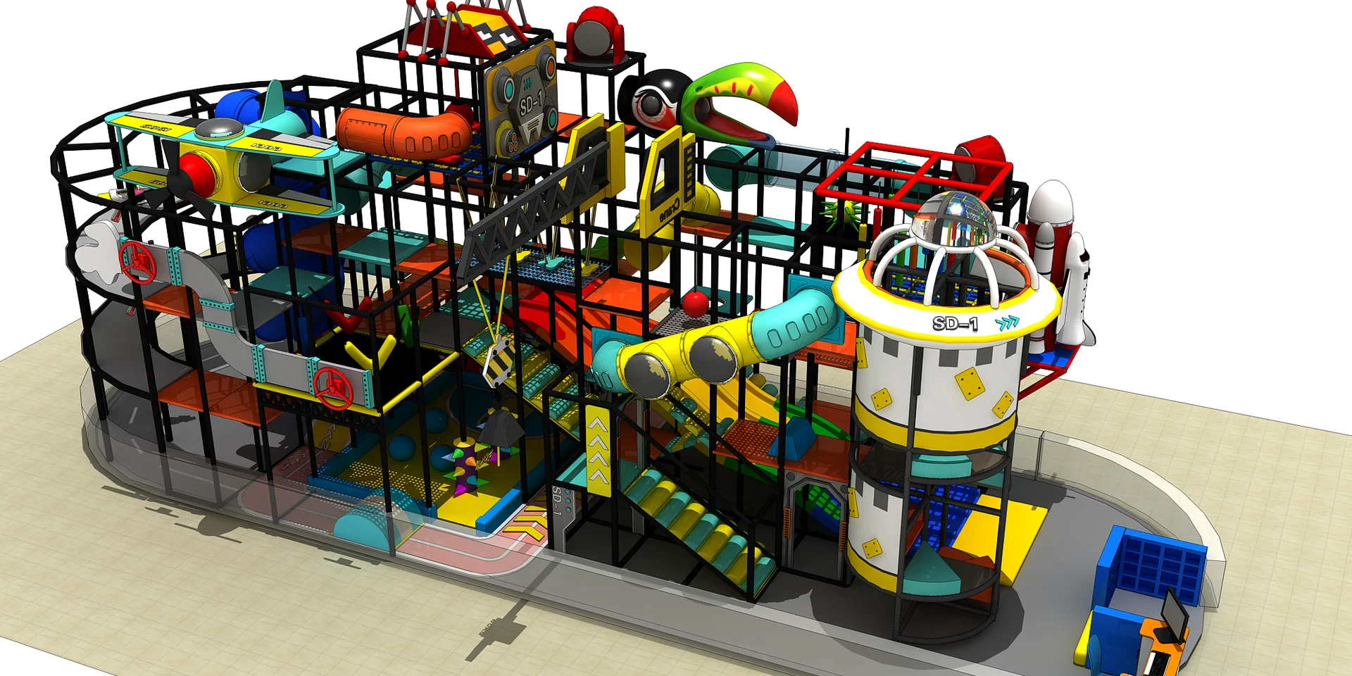 Compact multi-level indoor play structure concept with tube slides